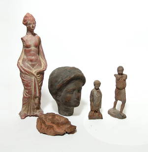 A group of 5 Greek-style ceramic replica objects: A group of 5 Greek ceramic replica objects. Lot includes a large standing figure of Aphrodite (Venus), a large head of a woman wearing wrapped headdress, a molded face of a youth and a pair of