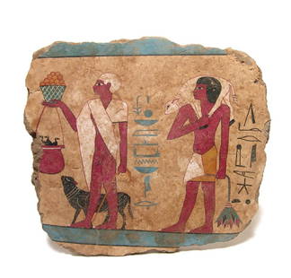 Attractive Egyptian-style tomb painting, 20th Century: An attractive Egyptian-style tomb painting, 20th Century, depicting two figures carrying offerings, vertical columns of hieroglyphic text between them and behind. Fashioned from hardened mud which