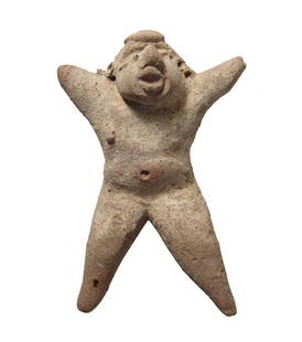 A nice Olmec standing figure, Mexico: A nice Olmec standing figure, Mexico, c. 500 - 100 BC, legs spread apart, and arms raised, the face is very nicely modeled and wearing a tapered headdress. H: 3 3/4 in (9.5 cm). Remnants of white