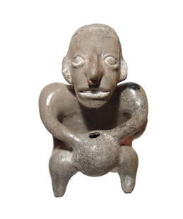 Choice Jalisco Ameca style seated hunchback figure: A choice Jalisco Ameca style seated hunchback figure, West Mexico, c. 100 BC - AD 250, with expressive features and holding a round jar between his legs with both hands as well as an open bag on left