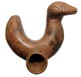 A nice Colima serpent vessel, West Mexico: A nice Colima serpent vessel, West Mexico, c. 100 BC - AD 200, the snake depicted with unusually large incised eyes, its head turned back; spout on back. 3 1/2 x 8 1/2 in (8.9 x 21.5 cm). In