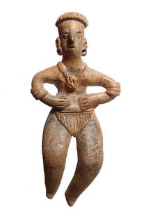 Colima standing figure male dancer, West Mexico: A Colima standing figure male dancer, West Mexico, c. 100 BC - AD 250, with bent legs and hands on belly. He wears earrings, a necklace with large pendant, arm bands and a striated lion cloth. H: 5