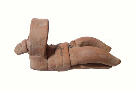 Colima votive depicting a man strapped to a canopied: A Colima votive depicting a man strapped to a canopied bed, West Mexico, c. 100 BC - AD 200, a top-quality example representing a sick or dying person. 4 1/2 x 2 in (11.4 x 5 cm). Beautiful mottled