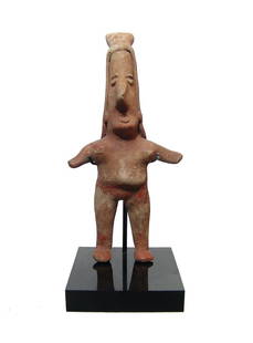 Jalisco female figurine in tall headdress, West Mexico: A Jalisco female figurine in tall headdress, West Mexico, c. 200 BC - AD 200, the angular head with large nose, and small eyes. The body is decorated with red and creme slip and possesses short arms.