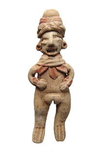 Cute Chupicuaro standing female figurine, Mexico: A cute Chupicuaro standing female figurine, Mexico, c. 500 - 100 BC, extremely well modeled with elaborate headdress, wide feathered collar, earrings and bracelet. Remnants of cinnabar paint over