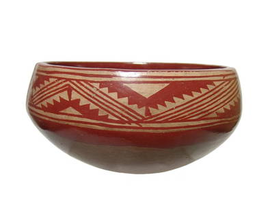 A beautiful Chupicuaro ceramic bowl, Guanajuato: A beautiful Chupicuaro ceramic bowl, Guanajuato, Mexico, c. 500 - 100 BC, with band of gorgeous geometric patterns around the exterior of the rim, the interior with fabulous glossy red-orange slip,