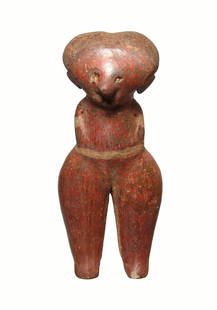 Chinesco Type C figure of a standing woman: A lovely Chinesco Type C figure of a standing woman, West Mexico, c. 100 BC - AD 250, on bifurcated feet with prominent thighs and hands on her pregnant belly. Her eyes and mouth are incised, and