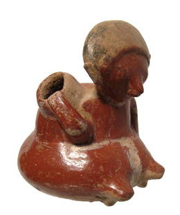 A Chinesco Type C seated heavyset woman: A Chinesco Type C seated heavyset woman, West Mexico, c. 100 BC - AD 200, holding a pot on her right shoulder. In excellent condition with creme details over glossy red-orange slip. H: 4 1/4 in (10.8