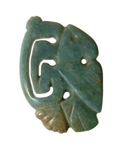 A beautiful Costa Rican greenstone pendant: A beautiful Costa Rican greenstone pendant, c. AD 300 - 900, in the form of a stylized long beaked bird with human head, body and tail feathers indicated by lines, the beak with beautiful open-work. 2