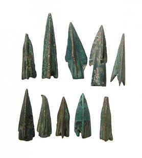 Group of 10 ancient Greek and Persian bronze arrowheads: A group of 10 ancient Greek and Persian bronze arrowheads. Included are Greek examples, c. 5th - 1st Century BC, Parthian examples, c. 3rd Century BC - 2nd Century AD, cf. Malloy Weapons, pl. XIV, 115