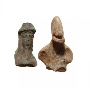 A pair of terracotta figures, Old Babylonian & Cypriot: A pair of terracotta figures, Old Babylonian & Cypriot. Lot includes the facial portion from an Old Babylonian ceramic plaque, c. 1900 - 1750 BC, with nicely molded features, L: 1 ½ in (3.8 cm). The