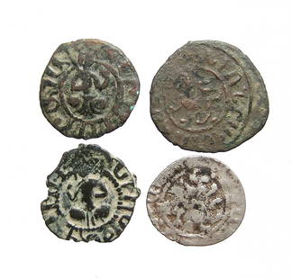 A lot of 4 silver and bronze Medieval Armenian coins: A lot of 4 silver and bronze Medieval Armenian coins. Lot includes 2 copper Kardez of King Levon III, AD 1301 - 1307, a large copper Kardez of King Levon II, AD 1270 - 1289, and a silver Takvorin of