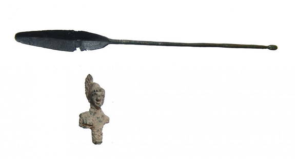 A Roman bronze bust of Minerva and a medical spatula: A Roman bronze bust of Minerva and a medical spatula. Lot includes a small Roman bronze bust of Minerva, 1st - 4th Century AD, perhaps the handle from a key, wearing a helmet with a large crest, the f