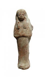 An Egyptian terracotta ushabti, Late Period: An Egyptian terracotta ushabti, Late Period, c. 664 - 332 BC, with crisply molded details and wearing tripartite headdress with broad collar. Arms are folded at chest and holding a pick and hoe. H: 3