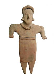 A large Colima figure of a woman, West Mexico: A large Colima figure of a woman, West Mexico, c. 200 BC - AD 250, wearing a long dress belted at waist. A wrapped headdress adorns her head and she wears a beaded necklace; scarification can be seen