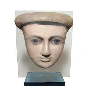 A wonderful Egyptian funerary mask, Late Period: A wonderful Egyptian funerary mask, Late Period, c. 664 - 332 BC, the facial portion from an anthropoid sarcophagus lid, retaining original gesso and paint. The features are in wonderful style and