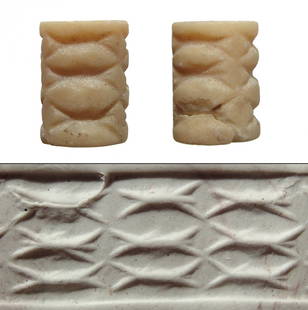 A nice Jemdet Nasr marble cylinder seal, Sumeria: A nice Jemdet Nasr marble cylinder seal, Sumeria, c. 3100 - 2700 BC, with rows of geometric devices representing birds or fish. 18.5 x 10 mm. Ex Joel Malter collection; Ex Los Angeles private