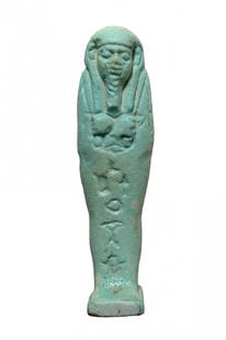 Nice Egyptian faience ushabti for Wah-ib-Re, Ptolemaic: A nice Egyptian faience ushabti for Wah-ib-Re, Ptolemaic, c. 332 – 30 BC, depicted mummiform on integral base, wearing tripartite wig and false beard, arms folded at chest and holding a pick and