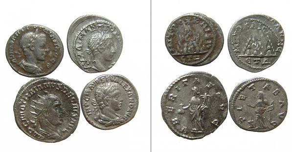 A group of 4 Roman silver coins: A group of 4 Roman silver coins. Lot includes a pair of Drachms of Gordian III, AD 238 - 244, struck at Caesarea, Cappadocia, (18 mm, 2.76g & 18 mm, 3.27g), a silver denarius of Severus Alexander, AD