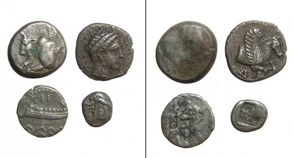 A group of 4 Greek silver coins: A group of 4 Greek silver coins. Lot includes a pair of 4th Century BC types and two from the 5th Century BC. Cities include Teos, Sidon in Phoenicia, Illyrian and a Carian city in Asia Minor.