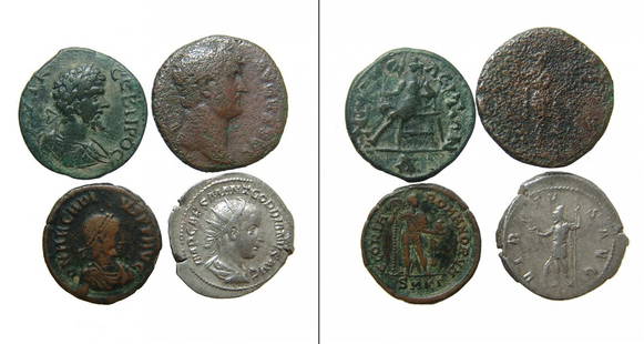 A group of 4 Roman bronze and silver coins: A group of 4 Roman bronze and silver coins. Lot includes a bronze As of the emperor Hadrian, AD 117 - 138, with Annona on the reverse, (25 mm, 10.16g), a bronze Assarion of Septimius Severus, AD 193