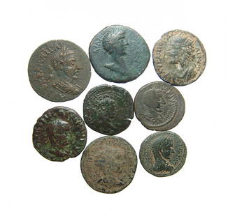 A lot of 8 Roman provincial bronze coins: A lot of 8 Roman provincial bronze coins. Lot includes a variety of rulers and types including a bronze 27 mm of Hadrian, AD 117 - 138, struck in Bizya, Thrace, a bronze 25 mm of Aemilian, AD 253,