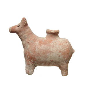 A Parthian terracotta rhyton in the form of a bull: A Parthian terracotta rhyton in the form of a bull, c. 2nd Century BC - 2nd Century AD, with barrel shaped body and short legs. The head is nicely detailed with vertical ears and round eyes. H: 5 1/8