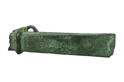 A nice Celtic/Central European bronze adze/axe: A nice Celtic/Central European bronze adze/axe, c. 800 - 550 BC, with ridge around the shaft hole and small side loop. L: 5 1/4 in (13.3 cm). Well-preserved and nicely patinated. Ex Seattle private