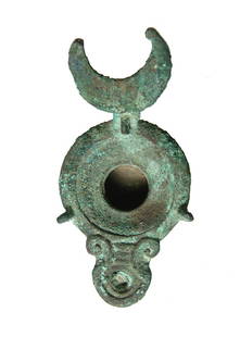 A nice Roman bronze oil lamp, 1st Century AD: A nice Roman bronze oil lamp, 1st Century AD, the nozzle rounded and flanked by volutes, the fill-hole with angled border and ring handle with a guard in the form of a crescent. Three small loops for