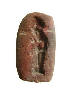 Egyptian terracotta mould for an amulet of Sekhmet: An Egyptian terracotta mould for an amulet of Sekhmet, Late Period, c. 664 - 332 BC, well-preserved with good detail, notches at the head at for the suspension hole which would be at the back. 2 3/8