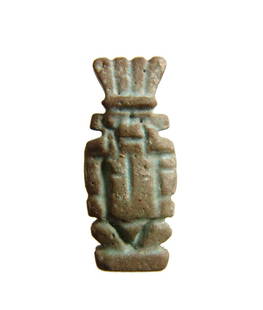Egyptian faience amulet of Bes, Late Period-Ptolemaic: An Egyptian faience amulet of Bes, Late Period-Ptolemaic, c. 664-30 BC, nude, wearing plumed headdress, and hands resting on thighs. Much of the blue pigment still remains, H: 1 1/3 in (3.4cm). Ex