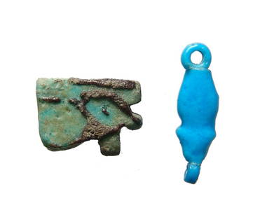 A pair of Egyptian faience amulets: A pair of Egyptian faience amulets. Lot includes a faience collar element, New Kingdom to Late Period, c. 1570 - 664 BC, in vibrant blue, L: 17 mm, the second a bicolor Eye of Horus amulet, 3rd