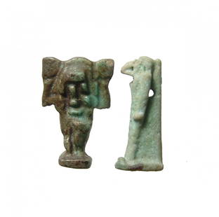 A pair of Egyptian faience amulets, Late Period: A pair of Egyptian faience amulets, Late Period, c. 664 - 30 BC, the first in the form of the sky god Shu, holding the sky aloft, (H: 21mm), the second in the form of the God Thoth, with