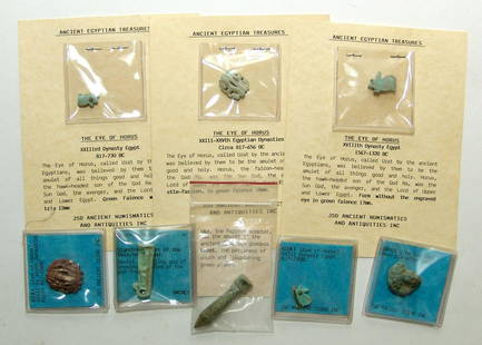 A lot of 8 Egyptian faience amulets: A lot of 8 Egyptian faience amulets. Group contains a variety of Late Period - Ptolemaic types, c. 664 - 30 BC, including multiple Eye of Horus amulets, an example depicting the god Thoth, a papyrus