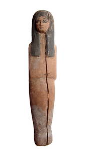 A very nice Egyptian wood ushabti, New Kingdom: A very nice Egyptian wood ushabti, New Kingdom, 19th Dynasty, c. 1350 - 1200 BC, mummiform with long wig and arms folded at mid-section. The wig and facial details nicely highlighted in black paint.