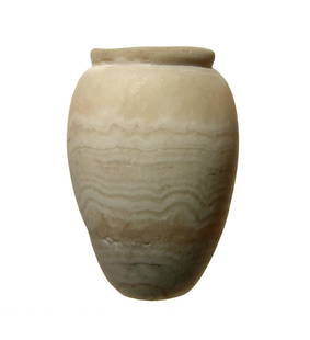 A lovely Egyptian banded alabaster jar, Old Kingdom: A lovely Egyptian banded alabaster jar, Old Kingdom, c. 2575 - 2150 BC, the body is ovoid with flattened base and tall rounded rim. The interior is vertically bored, and the vessel possesses thick