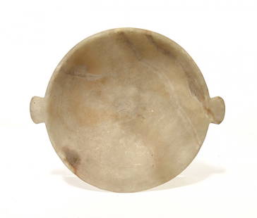 Fantastic Egyptian banded alabaster bowl, Middle: A fantastic Egyptian banded alabaster bowl, Middle Kingdom, c. 2061 - 1690 BC, with lightly flattened bottomed with rounded rim and two horizontally oriented lug handles. W: 8 3/5 in (21.8cm). Well