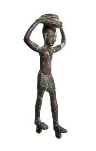 Egyptian bronze figure of an attendant/servant, Late: An Egyptian bronze figure of an attendant/servant, Late Period, c. 664 - 332 BC, wearing a shirt kilt and supporting a larger circular offering plate on head with stacked loaves of bread. The figure