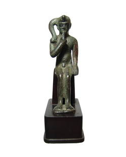 Wonderful Egyptian bronze figure of a seated: A wonderful Egyptian bronze figure of a seated Harpokrates, 25th - 26th Dynasty, c. 746 - 525 BC, solid cast, the young god is depicted nude, wearing characteristic side-lock of youth with uraeus, a