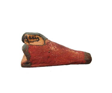 A nice Egyptian polychrome wood falcon, Late Period: A nice Egyptian polychrome wood falcon, Late Period, c. 664 - 332 BC, vividly painted in red, golden yellow and blue with black details; resin on the base where it was attached to a box or other