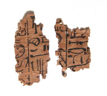 Pair of Egyptian papyrus fragments with hieroglyphic: A pair of Egyptian papyrus fragments with hieroglyphic text, 3rd Intermediate - Late Period, c. 1075 - 332 BC, each with partial columns of neatly penned characters, the opposing sides are blank. 2 x