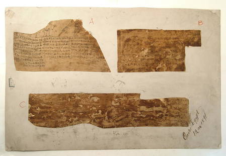 Incredibly rare set of 9 Book of Dead linen fragments: An incredibly rare set of 9 linen fragments bearing texts and illustrations from the Book of the Dead. Along with text, several of these fragments depict wonderful illustrations of various gods and