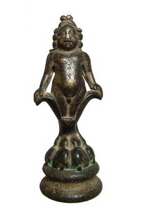 Fantastic Roman bronze support leg in the form of Eros: A fantastic Roman bronze support leg in the form of Eros, c. 1st - 3rd Century AD, for an ornate box, vessel, or piece of furniture. The bronze element is beautiful fashioned in the form of winged