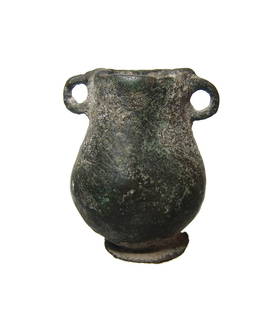 A Roman bronze votive amphora: A Roman bronze votive amphora, c. 1st - 3rd Century AD, with two loop handles. H: 1 3/4 in (4.4 cm). Ex Connecticut private collection.