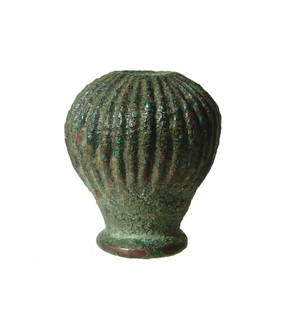 An attractive Near Eastern bronze mace head: An attractive Near Eastern bronze mace head, c. 1200 - 600 BC, of inverted piriform shape with vertical ribbing and collar around the lower shaft hole. 1 3/4 x 1 1/2 in (4.4 x 3.8 cm). Nicely