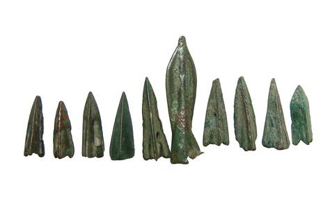 Group of 10 ancient Greek & Scythian bronze arrowheads: A group of 10 ancient Greek & Scythian bronze arrowheads. Lot includes a Greek arrowhead, c. 5th - 1st Century BC, and the balance are Scythian types, c. 8th - 6th Century BC. Cf. Malloy, Weapons,