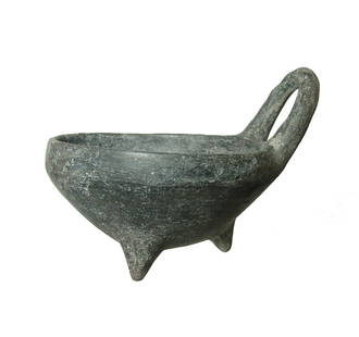 A Yortan culture tripodal bowl, Early Bronze Age II: A nice Yortan culture tripodal bowl, Anatolia, Early Bronze Age II, c. 2700 - 2400 BC, with deep bowl resting on three short tapered legs and a single braided, arching handle. 5 x 6 3/4 in (12.7 x