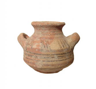 A nice Eastern Mediterranean stamnos: A nice Eastern Mediterranean stamnos, c. 1400 - 1200 BC, the body with vertical sides and tapers to a flat foot, the rounded shoulders with two horizontal handles and the entire vessel is decorated