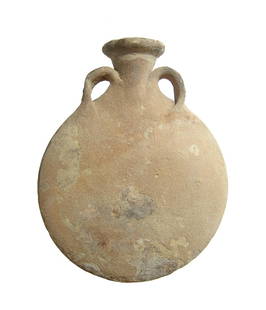 An Iron Age ceramic pilgrim's flask: An Iron Age ceramic pilgrim's flask, c. 1000 - 600 BC, with flat, circular body and a pair of strap handles flanking the flared spout. H: 6 1/2 in (16.5 cm). Surface encrustation throughout. Ex collec