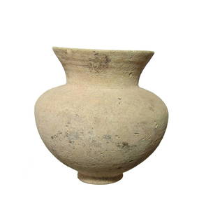 An Early Iron Age globular jar: An Early Iron Age globular jar, c. 1200 - 800 BC, the body of inverted piriform shape with small foot and flaring mouth. 4 3/4 x 4 7/8 in (12.1 x 12.4 cm). Light deposits. Ex collection of Karl Jakob